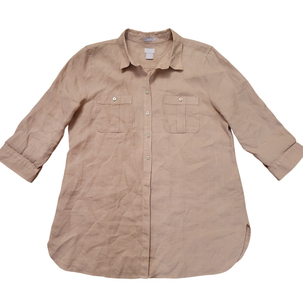 Chicos 2 Tan Linen Button‎ Down Shirt 12 Lightweight Granola Summer Earthy Norm